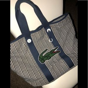 Lacoste Navy and white striped croc tote